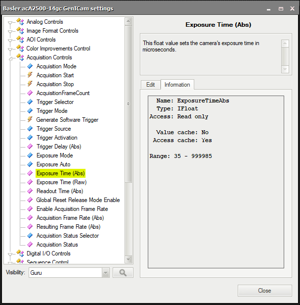 Device parameter information dialog